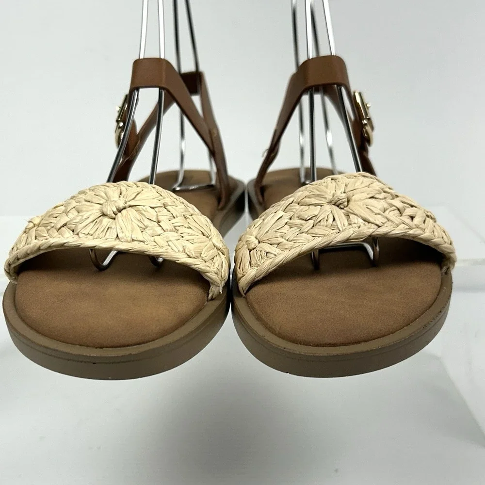 Steve‎ Madden Kids Girls Size 3 Tan Woven Straw Slingback Sandals Pink NEW